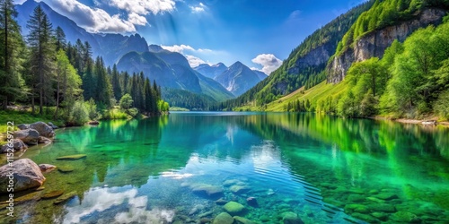 Mountain lake in Austria with crystal clear blue water surrounded by lush green forests and rocky cliffs, Leopoldsteinersee photo