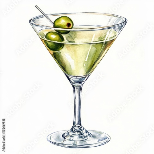 Watercolor Martini Cocktail with Olives - Watercolor illustrations