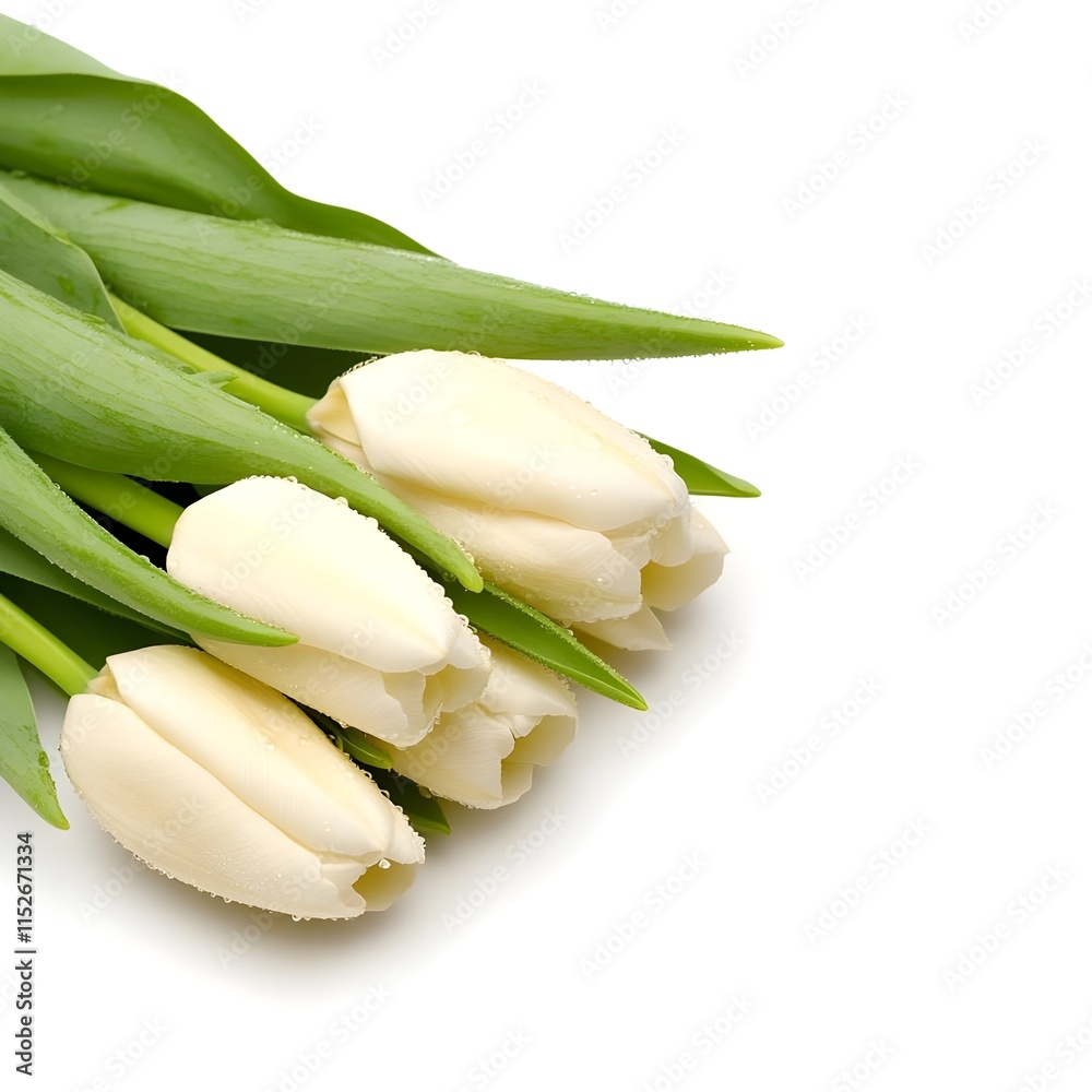 Fresh Pale Tulips with Green Leaves Arranged Elegantly on White Background for Floral Design Projects, Spring Celebrations, and Decor Inspirations Fresh Pale Tulips with Green Leaves Arranged Elegantly on White Background for Floral Design Projects, Spring Celebrations, and Decor Inspirations
