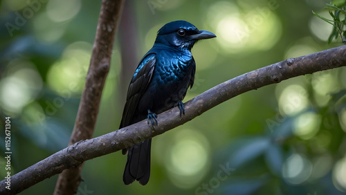 A glossy black drongo perched on a thin tree branch, its forked tail elegantly displayed, with its iridescent feathers catching hints of blue in soft sunlight, set against a blurred green forest backg photo