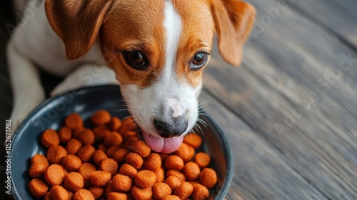 Adorable Jack Russell Terrier enjoys a bowl of dog food. Perfect for pet food, animal care, or healthy eating content. photo