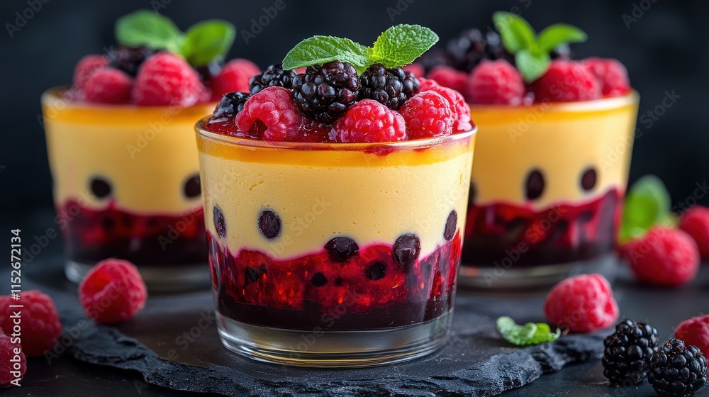 Layered dessert with creamy custard, raspberry, and blackberry coulis. Perfect for food blogs, recipe sites, and dessert menus. Layered dessert with creamy custard, raspberry, and blackberry coulis. Perfect for food blogs, recipe sites, and dessert menus.