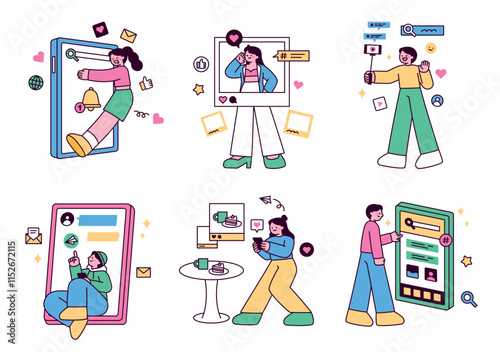 People are using social networking services on their huge mobile screens. outline simple vector illustration.