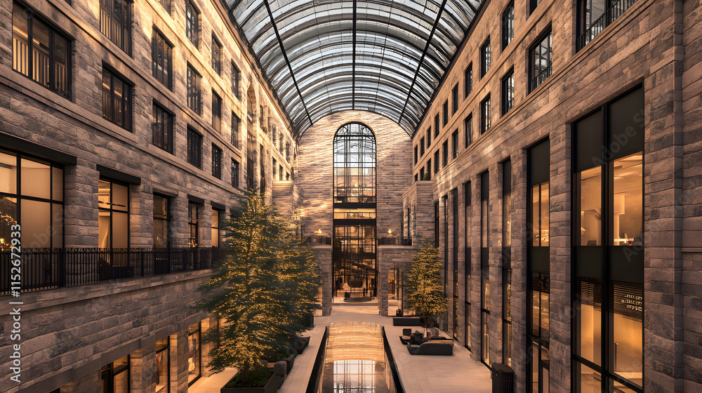 Fototapeta premium Spacious atrium with glass ceiling and decorative trees in a modern building