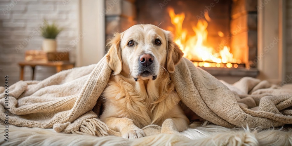Obraz premium A relaxed golden retriever snuggled up under a cozy throw blanket with soft pastel hues, surrounded by plush pillows and a warm fireplace glow , snuggle, pillows