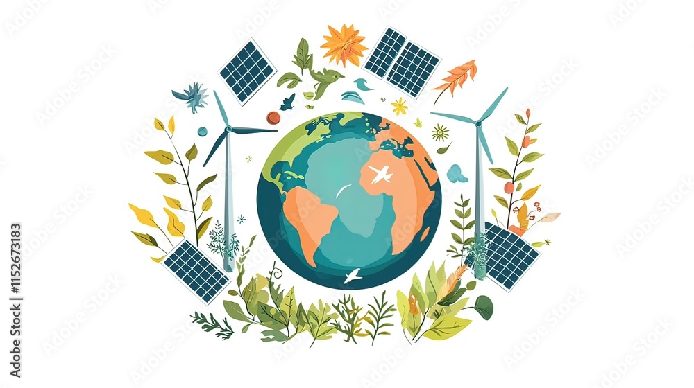 Naklejka premium Sustainable Earth with renewable energy sources, plants, and travel.