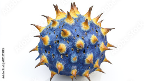 A bold and vibrant depiction of a spiky exotic fruit in shades of deep blue and golden yellow, isolated against a seamless white background. The fruit is presented in hyper-realistic detail, capturing photo