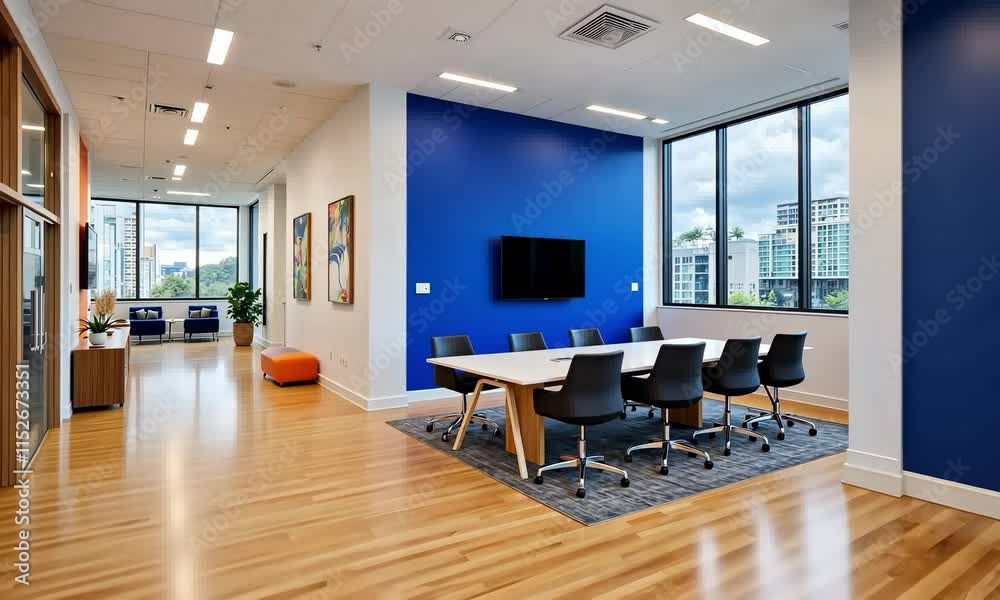 Modern Office Space with Blue Accent Wall, Conference Table, and City View - Perfect for Business Meetings and Productive Work Sessions Modern Office Space with Blue Accent Wall, Conference Table, and City View - Perfect for Business Meetings and Productive Work Sessions