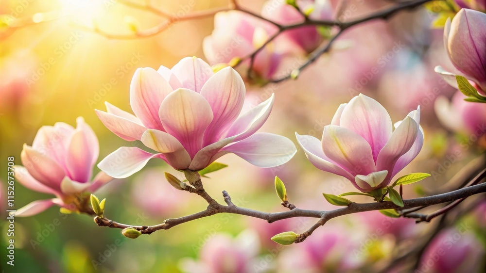 Fototapeta premium Delicate pink magnolia blossom on a branch in a garden, soft colors