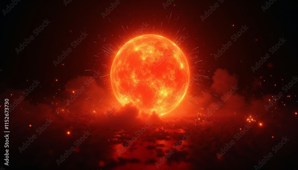 Obraz premium Radiant fiery sun glowing in clouds of sparks