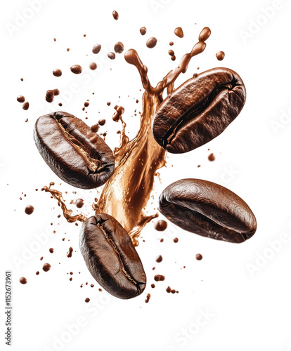 Artistically splashing roasted coffee beans diving into rich liquid coffee, captured in ultra HD  photo