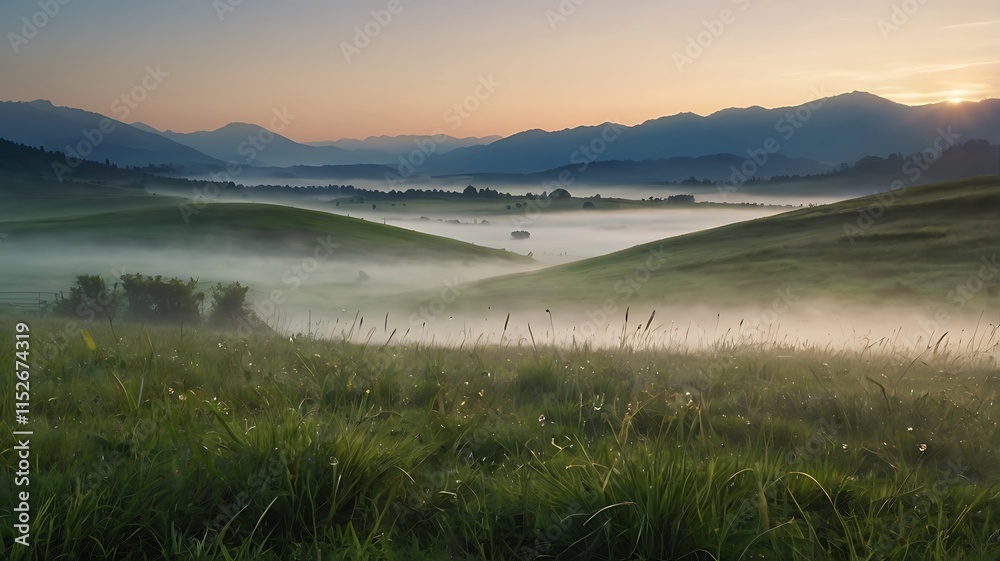 Soft, Misty Meadow At Dawn, With Dewdrops Sparkling On Blades Of Grass And Distant Mountains Barely Visible Through The Fog Soft, Misty Meadow At Dawn, With Dewdrops Sparkling On Blades Of Grass And Distant Mountains Barely Visible Through The Fog