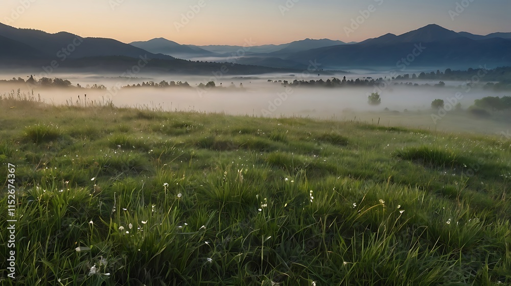 Obraz premium Soft, Misty Meadow At Dawn, With Dewdrops Sparkling On Blades Of Grass And Distant Mountains Barely Visible Through The Fog