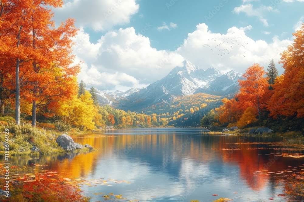 Fototapeta premium Autumnal lake reflects snowy mountains, vibrant foliage.