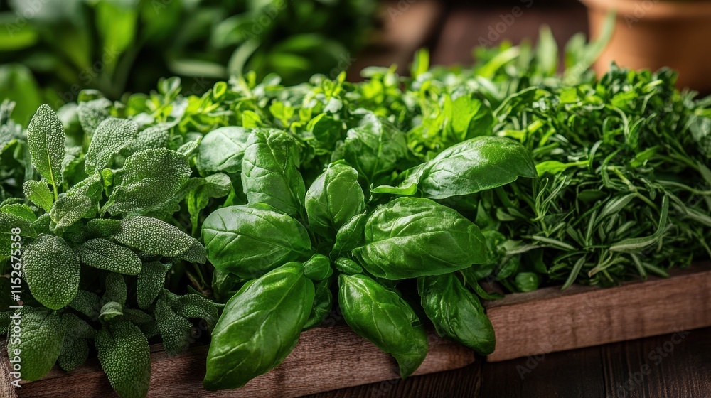 Fresh herbs in wooden box; basil, sage, rosemary. Illustrates healthy cooking, natural food, or herb garden concepts. Fresh herbs in wooden box; basil, sage, rosemary. Illustrates healthy cooking, natural food, or herb garden concepts.