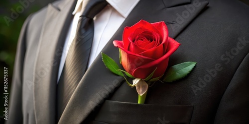 A single red rose in a boutonniere on a black tuxedo jacket, surrounded by greenery and perfectly placed on the lapel , jacket
