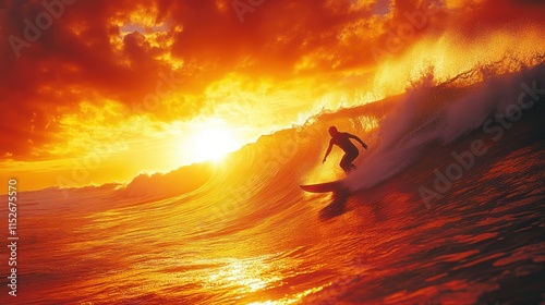 A surfer rides a wave at sunset, capturing the thrill of surfing in a vibrant seascape.