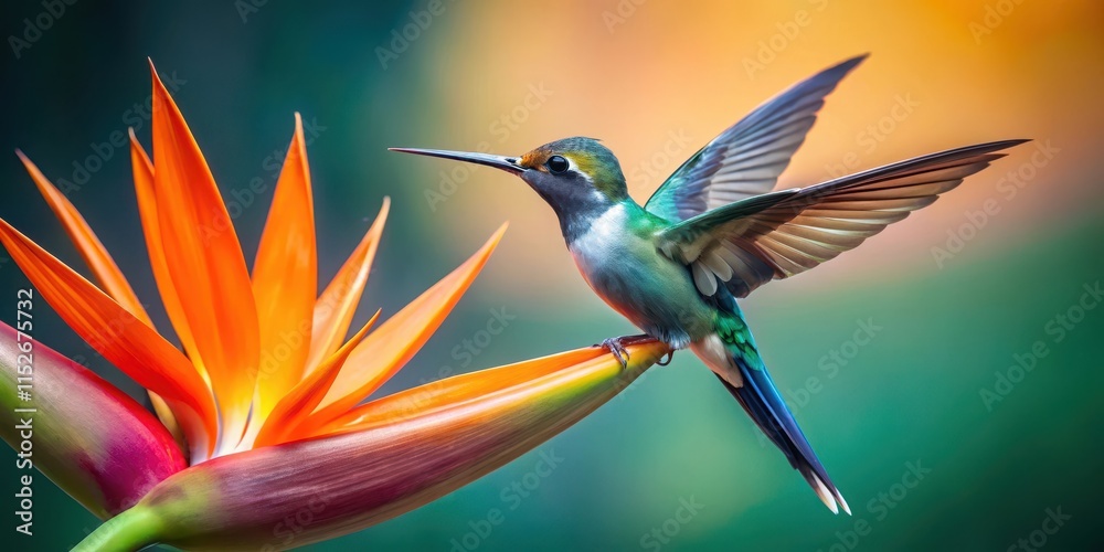 Fototapeta premium Flying hummingbird perched on Strelitzia flower petals with outstretched wings in mid-air , motion, feathers, motion, feathers