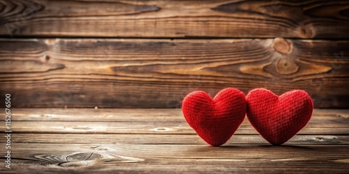 Romantic wooden background with two red hearts photo