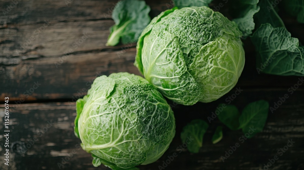 Fototapeta premium Two fresh savoy cabbages on rustic wood. Perfect for recipes, blogs, or healthy eating content.
