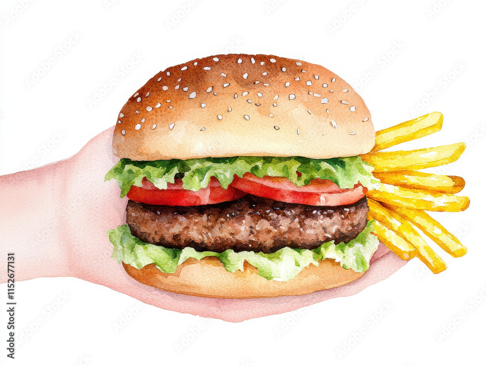 Juicy hamburger with fries in hand, watercolor style isolated design on white background Juicy hamburger with fries in hand, watercolor style isolated design on white background