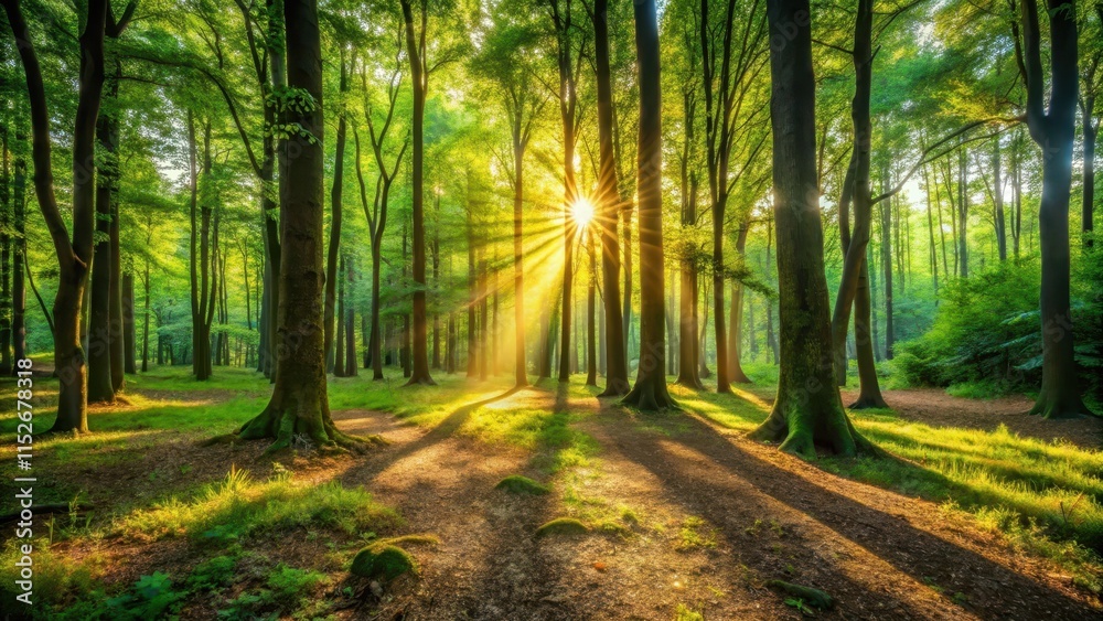 Fototapeta premium A serene forest bathed in warm sunlight filtering through the canopy above