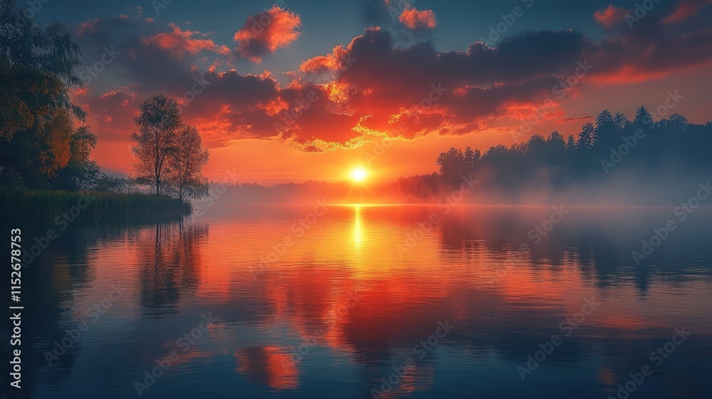 Sunset over calm lake, fiery sky reflected. Sunset over calm lake, fiery sky reflected.