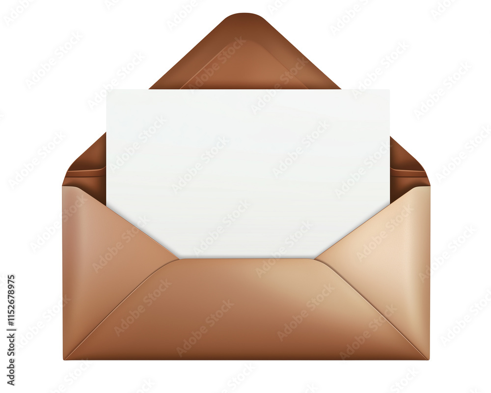 An open brown envelope with a blank white paper, isolated on a transparent background