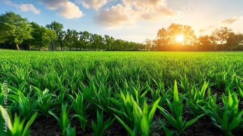 Vibrant Green Field Sunset Lush Grass Trees Background photo