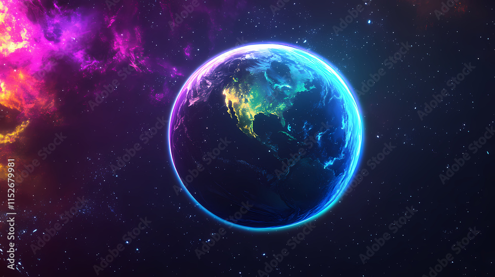 Solar eclipse overlay effect neon blue, yellow, green, purple blazing star edge behind planet in dark sky. Eclipser. Illustration Solar eclipse overlay effect neon blue, yellow, green, purple blazing star edge behind planet in dark sky. Eclipser. Illustration