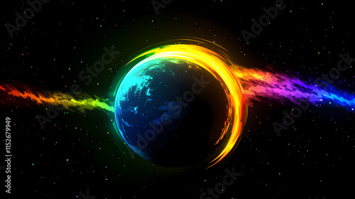 Solar eclipse overlay effect neon blue, yellow, green, purple blazing star edge behind planet in dark sky. Eclipser. Illustration photo