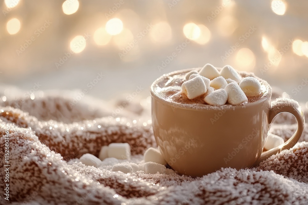 Warm cocoa drink topped with marshmallows in a cozy mug. Perfect for winter holidays, comfort, and warmth themes. Warm cocoa drink topped with marshmallows in a cozy mug. Perfect for winter holidays, comfort, and warmth themes.