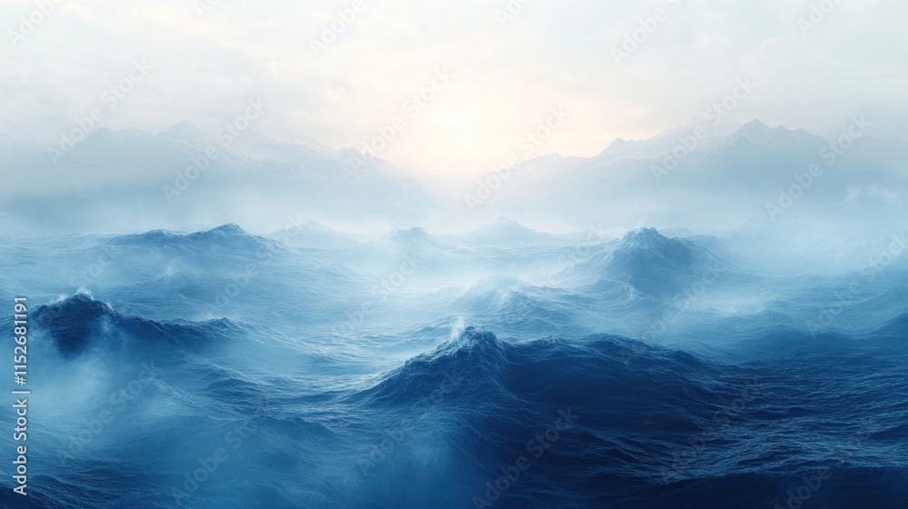 Misty ocean waves and distant mountains at sunrise. Misty ocean waves and distant mountains at sunrise.