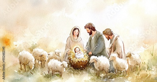 Watercolor Nativity scene with baby Jesus in the manger, Mary, Joseph, and sheep. A holy Christmas illustration of Bethlehem's night, perfect for religion and holiday themes.