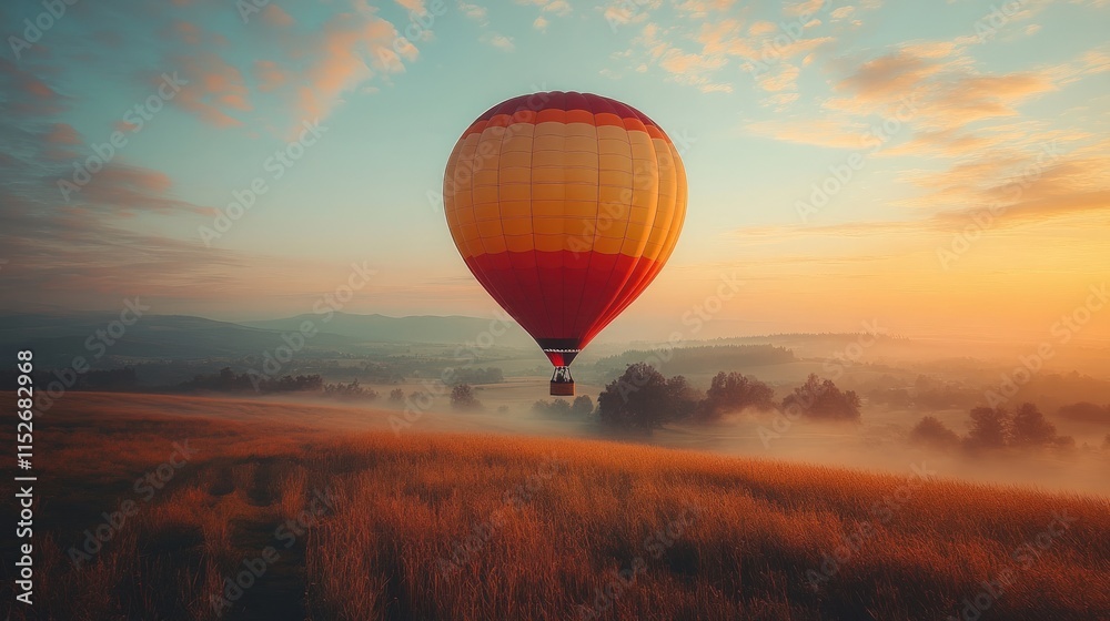Fototapeta premium Hot air balloon sunrise over misty field.