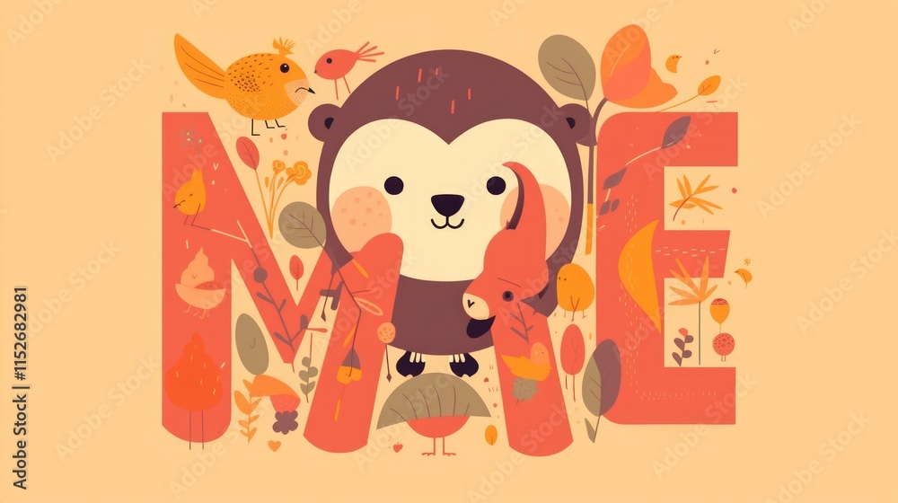 Fototapeta premium Cute bear, birds, leaves, floral autumnal design.