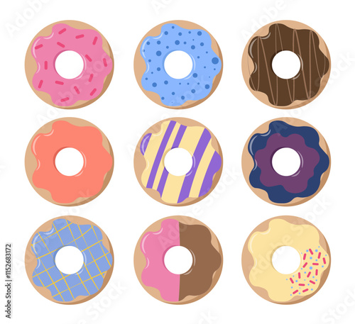 Set of donuts. Pack of donuts in various glaze top view. Pastry and bakery. Desserts and delicacies. Sweet and tasty food. Flat vector collection