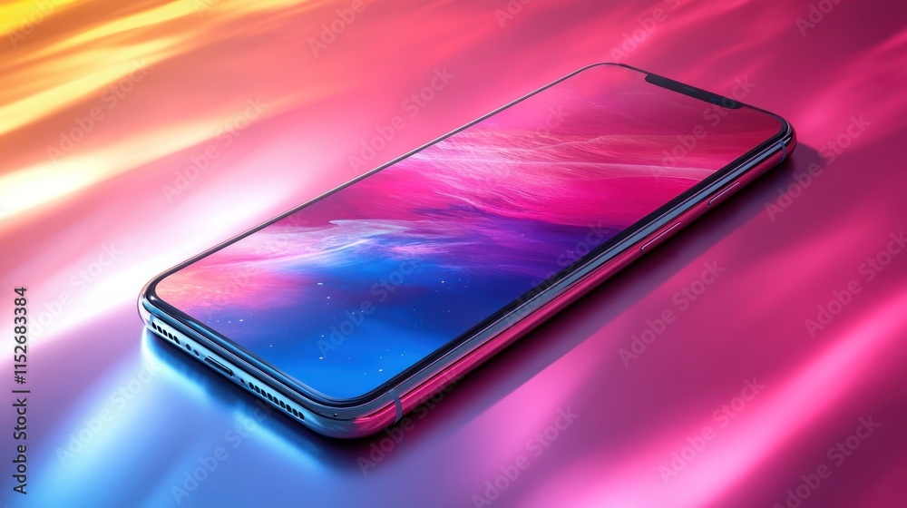 Modern smartphone with vibrant abstract screen display on colorful background. Modern smartphone with vibrant abstract screen display on colorful background.