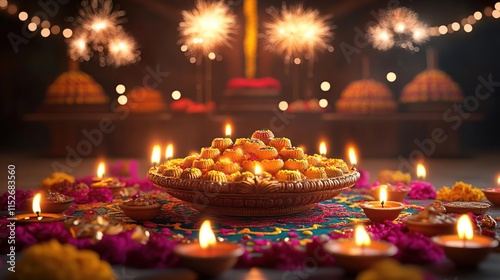 candles are lit in a bowl with a lot of flowers and candles photo