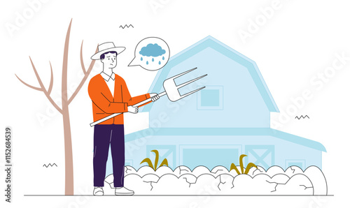 Man with drought. Farmer near desert and dry wood, tree. Climate change and environmental problems. Farming and agriculture. Global ecological problems. Linear vector illustration