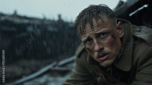 Close-up of a soldier crouching in a muddy trench during heavy rainfall, his face showing weariness and determination