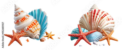 Colorful seashells and starfish arrangement beach shoreline photography natural environment close-up view coastal beauty