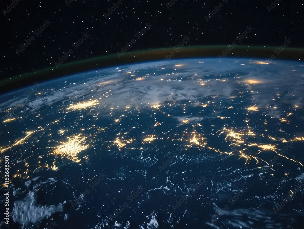 Obraz premium A view of Earth from space, showcasing illuminated cities and natural features at night.