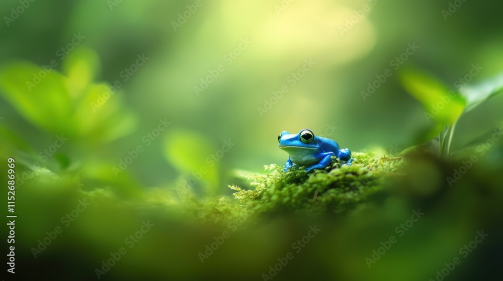 A vibrant blue frog perched on moss in a lush, green environment. A vibrant blue frog perched on moss in a lush, green environment.
