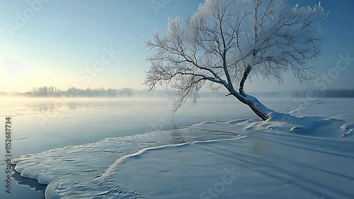 A frozen river with a snow-covered tree on the bank and a misty sunrise in the background. photo