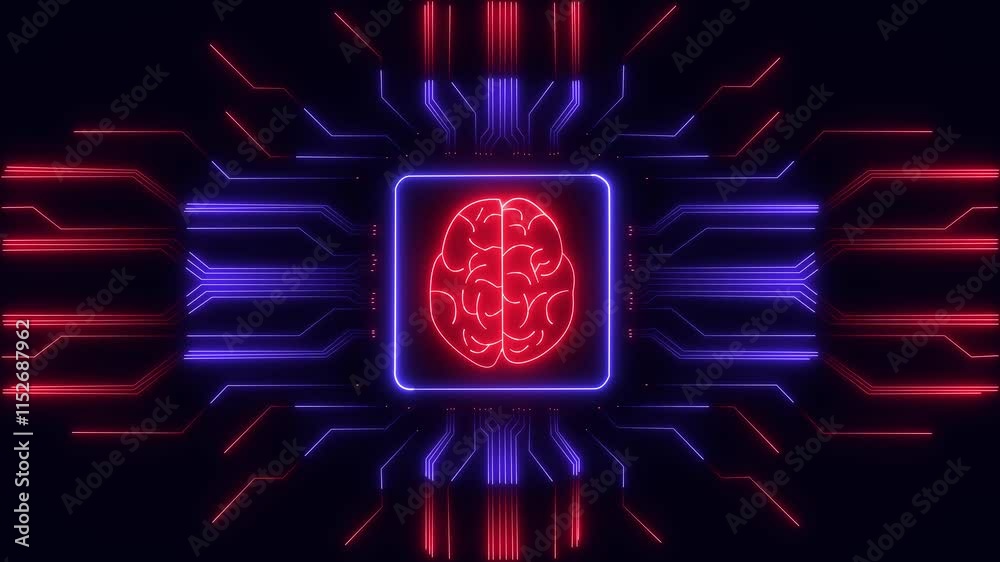 Concept of artificial intelligence, circuit elements, Motion graphic of Blue digital brain logo and futuristic HUD technology circuit board with ai icon and data transfer on abstract background