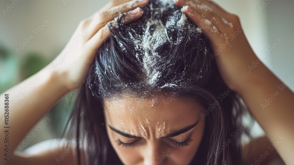 Naklejka premium Woman applying powder to oily hair. Illustrates hair care tips and solutions for greasy hair.