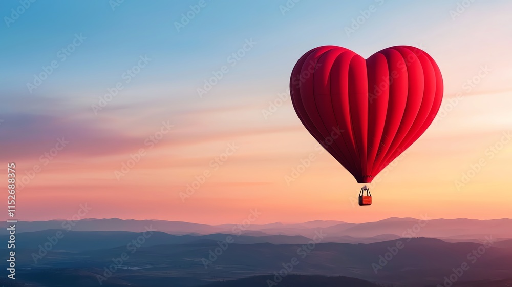 Obraz premium A vibrant red heart-shaped hot air balloon floats against a colorful sunset, symbolizing love and adventure in a serene sky.