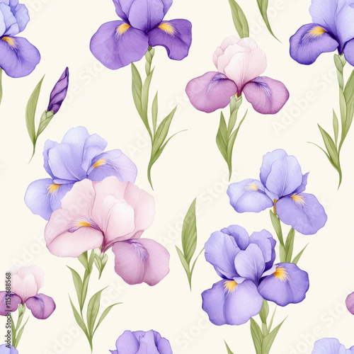Beautiful floral pattern featuring purple and pink irises with green leaves. This seamless design adds touch of elegance and nature to any space