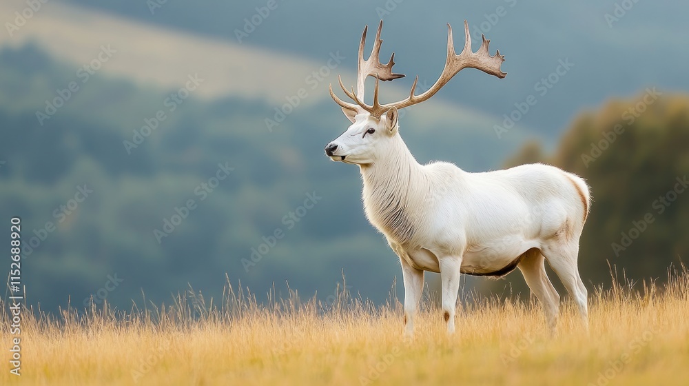 Obraz premium Graceful albino stag in an open meadow, This awe-inspiring image of an albino stag standing majestically in a meadow exudes elegance and strength. 